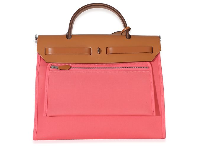 Hermès Rose Azalee Natural Vache Hunter Toile Herbag Zip 31 PM PHW Rosa - vista 2