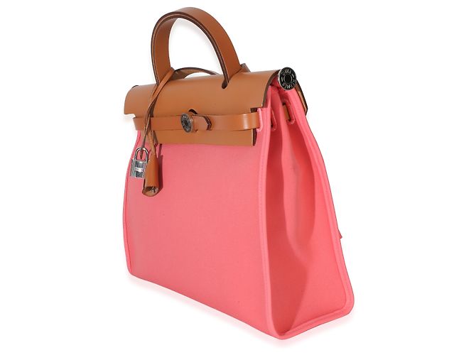 Hermès Rose Azalee Natural Vache Hunter Toile Herbag Zip 31 PM PHW Rosa - vista 3