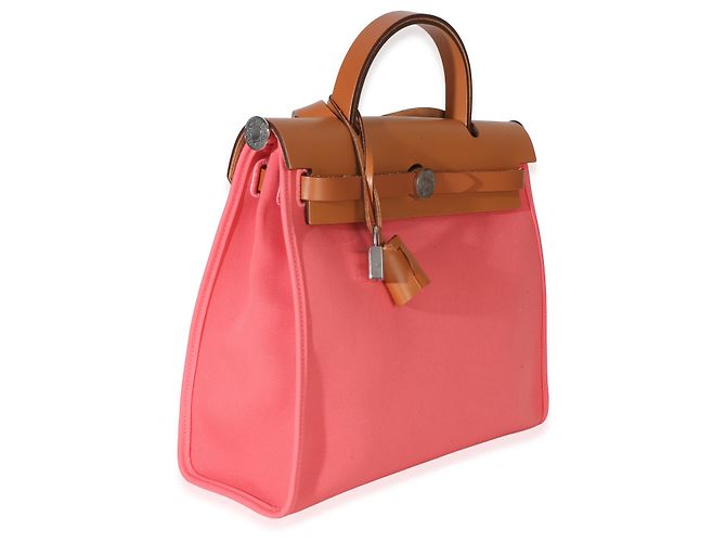 Hermès Rose Azalee Natural Vache Hunter Toile Herbag Zip 31 PM PHW Rosa - vista 4