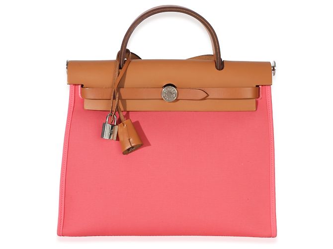 Hermès Rose Azalee Natural Vache Hunter Toile Herbag Zip 31 PM PHW Rosa - vista 7