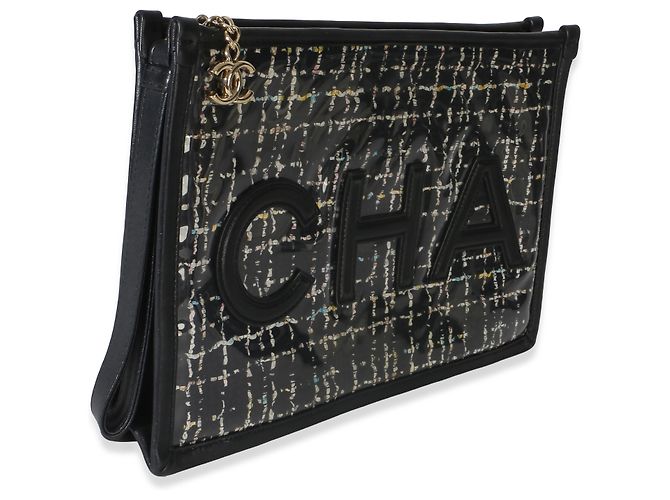Gabrielle Pouch Grande Chanel in Tweed Nero, PVC e Pelle di Agnello con Logo - vista 4