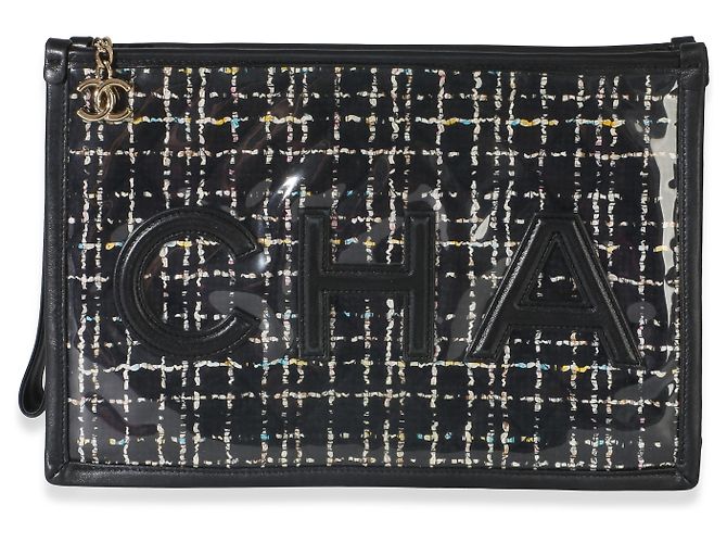 Gabrielle Pouch Grande Chanel in Tweed Nero, PVC e Pelle di Agnello con Logo - vista 8