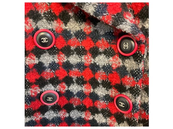 Chanel Red / Navy Blue Multi 2017 Double Breasted Wool Tweed Coat with CC Logo Buttons Multiple colors - view 6