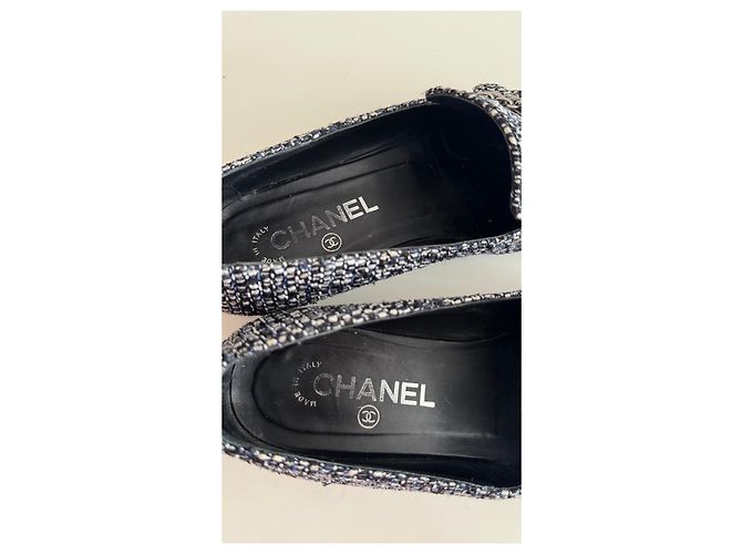 Ballerine in tweed Chanel con dettaglio a catena Nero Bianco - vista 5