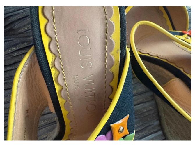 Sandali espadrillas con zeppa Louis Vuitton in tela nera con decorazioni floreali Nero Multicolore - vista 2