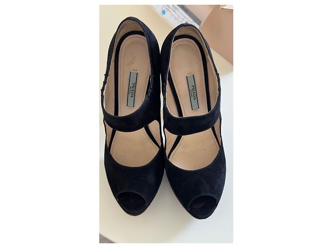 Double Prada Black Suede Platform Peep-Toe Heels - view 12