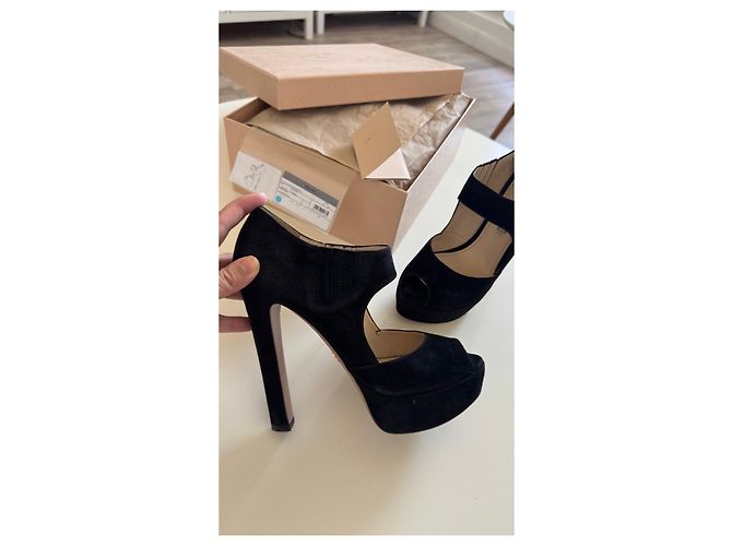 Double Prada Black Suede Platform Peep-Toe Heels - view 15
