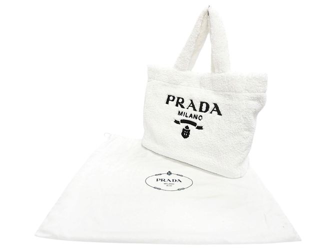 Prada White Spugna Terry Cloth Logo Tote Weiß - Ansicht 11
