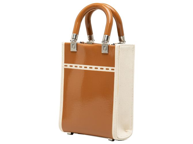 Borsa Tote Fendi Sunshine Mini in vernice e canvas marrone - vista 2