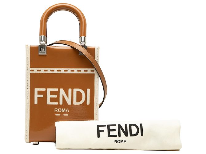 Borsa Tote Fendi Sunshine Mini in vernice e canvas marrone - vista 7