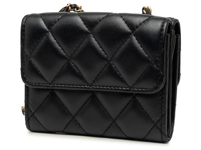 Chanel Kartenetui mit Kette aus schwarzem gestepptem Lammleder CC - Ansicht 2