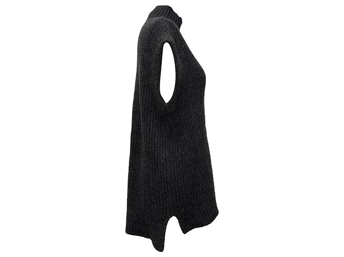 Ganni ärmelloser Strickpullover mit Rippstrick und Stehkragen aus grauer Wolle - Ansicht 2