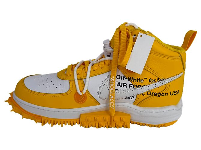 Off White Sneakers Nike x Off-White Air Force 1 Mid SP in pelle White e Varsity Maize Giallo Cammello - vista 4