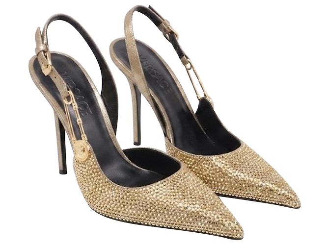 Zapatos de tacón Versace adornados con imperdibles en Gold Crystal Dorado - vista 3