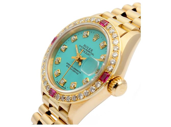 Rolex Orologio Vintage da Donna in Oro Datejust Gold Turquoise Blue Custom After Diamond Ruby Bezel - vista 10