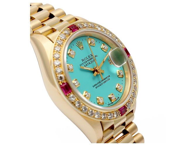 Rolex Orologio Vintage da Donna in Oro Datejust Gold Turquoise Blue Custom After Diamond Ruby Bezel - vista 11