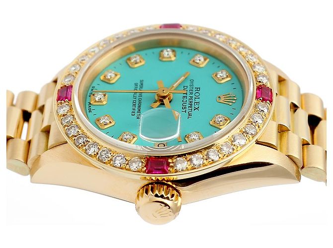Rolex Orologio Vintage da Donna in Oro Datejust Gold Turquoise Blue Custom After Diamond Ruby Bezel - vista 12