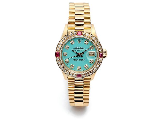 Rolex Orologio Vintage da Donna in Oro Datejust Gold Turquoise Blue Custom After Diamond Ruby Bezel - vista 14