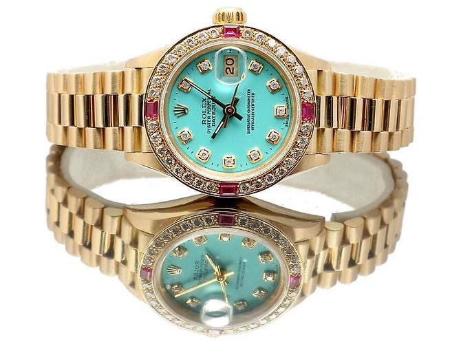 Rolex Orologio Vintage da Donna in Oro Datejust Gold Turquoise Blue Custom After Diamond Ruby Bezel - vista 18