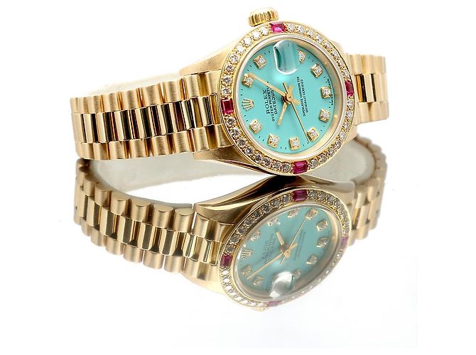 Rolex Orologio Vintage da Donna in Oro Datejust Gold Turquoise Blue Custom After Diamond Ruby Bezel - vista 19