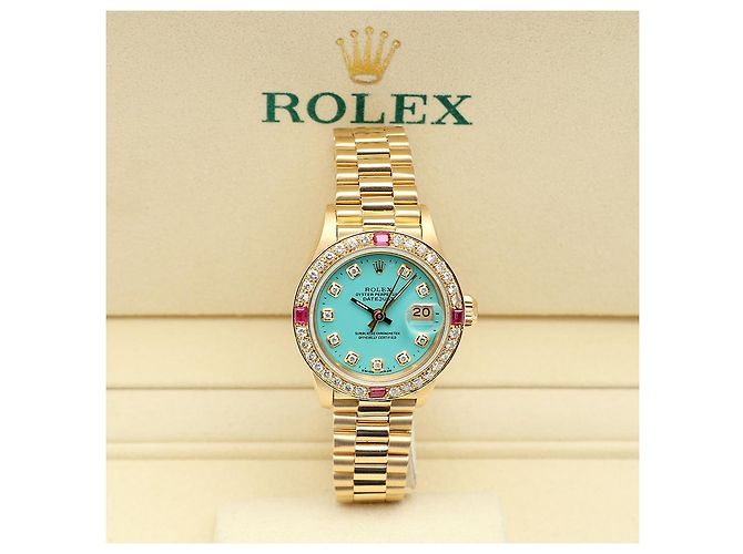 Rolex Orologio Vintage da Donna in Oro Datejust Gold Turquoise Blue Custom After Diamond Ruby Bezel - vista 2