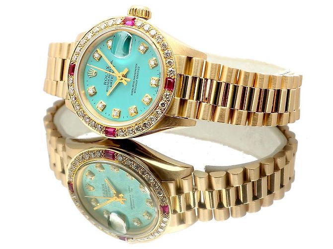 Rolex Orologio Vintage da Donna in Oro Datejust Gold Turquoise Blue Custom After Diamond Ruby Bezel - vista 20