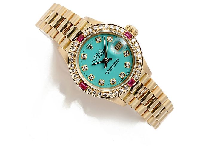 Rolex Orologio Vintage da Donna in Oro Datejust Gold Turquoise Blue Custom After Diamond Ruby Bezel - vista 21