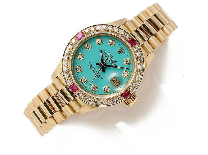 Rolex Orologio Vintage da Donna in Oro Datejust Gold Turquoise Blue Custom After Diamond Ruby Bezel - vista 22