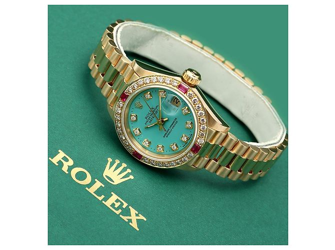Rolex Orologio Vintage da Donna in Oro Datejust Gold Turquoise Blue Custom After Diamond Ruby Bezel - vista 23