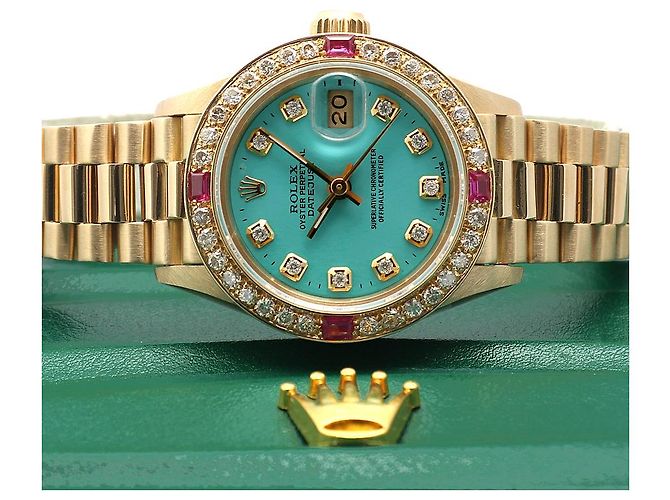 Rolex Orologio Vintage da Donna in Oro Datejust Gold Turquoise Blue Custom After Diamond Ruby Bezel - vista 24