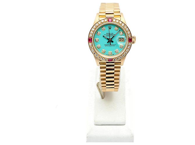 Rolex Orologio Vintage da Donna in Oro Datejust Gold Turquoise Blue Custom After Diamond Ruby Bezel - vista 3