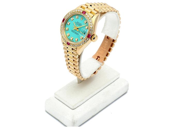 Rolex Orologio Vintage da Donna in Oro Datejust Gold Turquoise Blue Custom After Diamond Ruby Bezel - vista 4