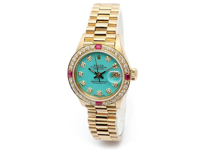 Rolex Orologio Vintage da Donna in Oro Datejust Gold Turquoise Blue Custom After Diamond Ruby Bezel - vista 8