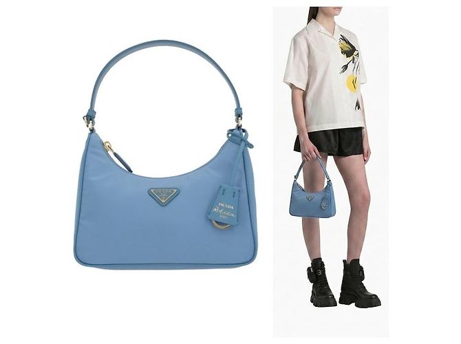 Prada Borsa Hobo in Re-Nylon con logo triangolare Blu - vista 7