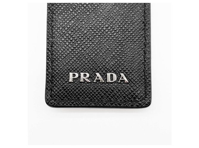 Portachiavi in pelle con logo Prada in nero e argento - vista 4