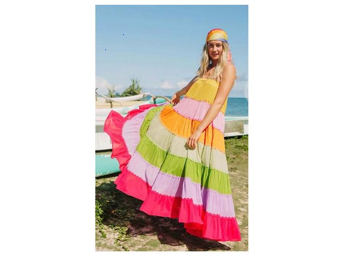 Autre Marque Farbiges langes trägerloses Kleid mit Rüschen Pink Mehrfarben Grün Orange Lila Gelb - Ansicht 7