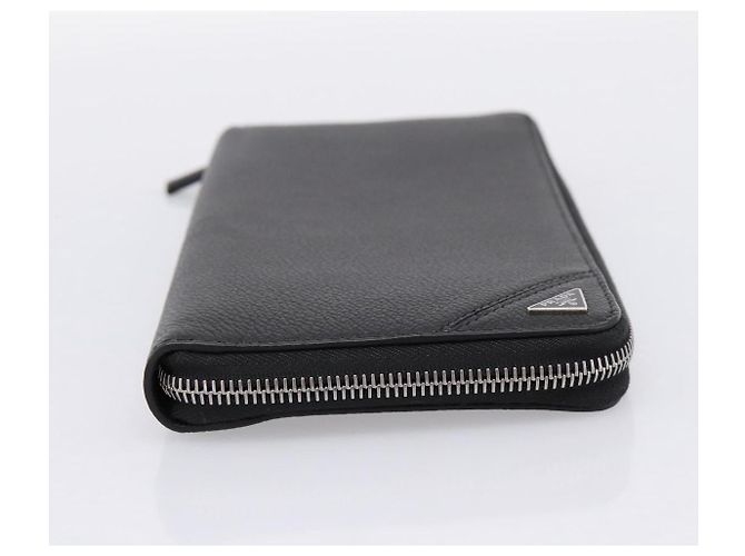 PRADA Organizer Round Long Wallet Leather Black Silver Auth am12253M Silvery - view 3