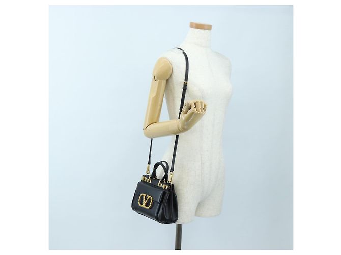 Borsa VALENTINO Rock Studs in pelle 2way Nero Oro Auth 195239M D'oro - vista 29