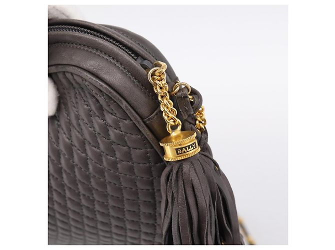 Borsa a tracolla con catena BALLY in pelle grigia tono oro Auth 196399A Marrone - vista 14