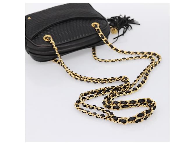 Borsa a tracolla con catena BALLY in pelle nera e oro Auth 196400A Nero - vista 7