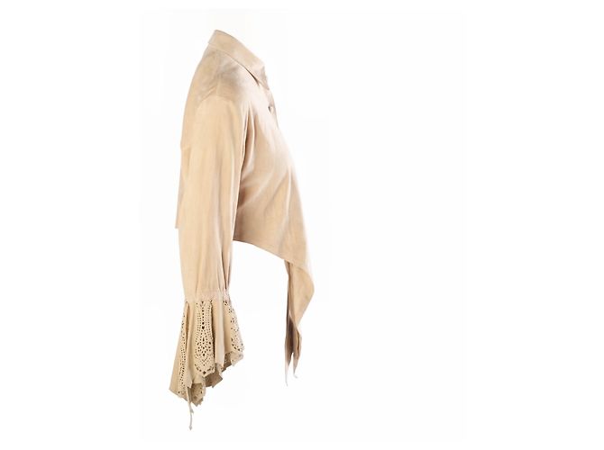 Roberto Cavalli Bluse aus beigem Wildleder mit Spitzenbesatz und Bindevorderseite - Ansicht 2