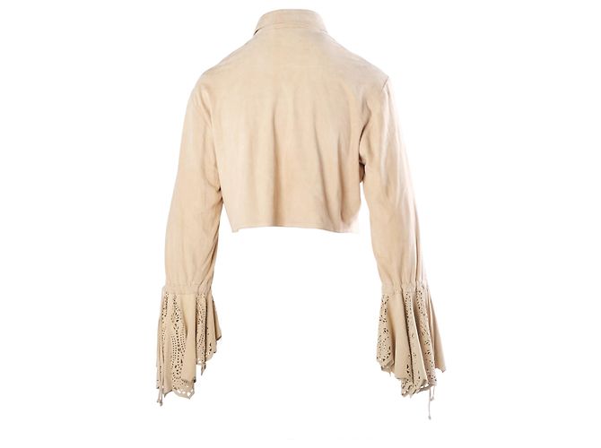 Roberto Cavalli Bluse aus beigem Wildleder mit Spitzenbesatz und Bindevorderseite - Ansicht 3