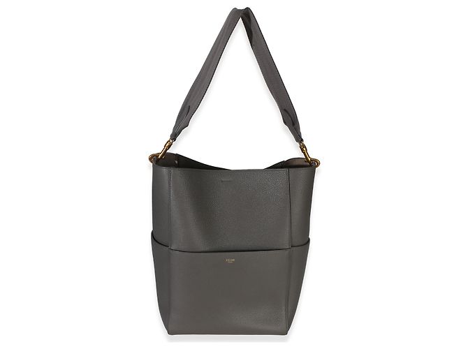 Céline Borsa Secchiello Medium Sangle Celine in Pelle di Vitello Grana Morbida Grigia Marrone - vista 2