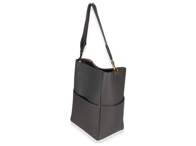 Céline Borsa Secchiello Medium Sangle Celine in Pelle di Vitello Grana Morbida Grigia Marrone - vista 3
