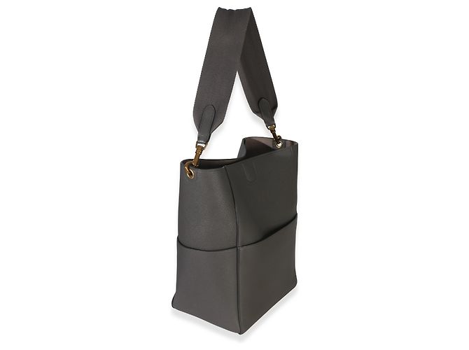 Céline Borsa Secchiello Medium Sangle Celine in Pelle di Vitello Grana Morbida Grigia Marrone - vista 4
