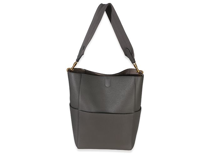 Céline Borsa Secchiello Medium Sangle Celine in Pelle di Vitello Grana Morbida Grigia Marrone - vista 8