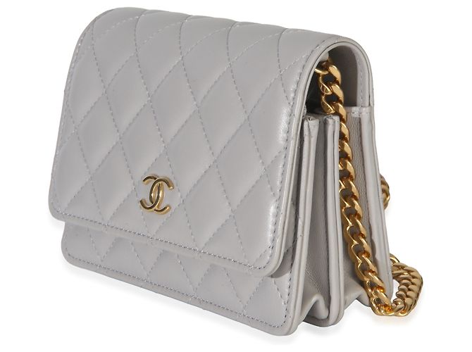 Chanel Mini Wallet On Chain aus grauem gestepptem Lammleder mit Schmucksteinen Braun - Ansicht 3