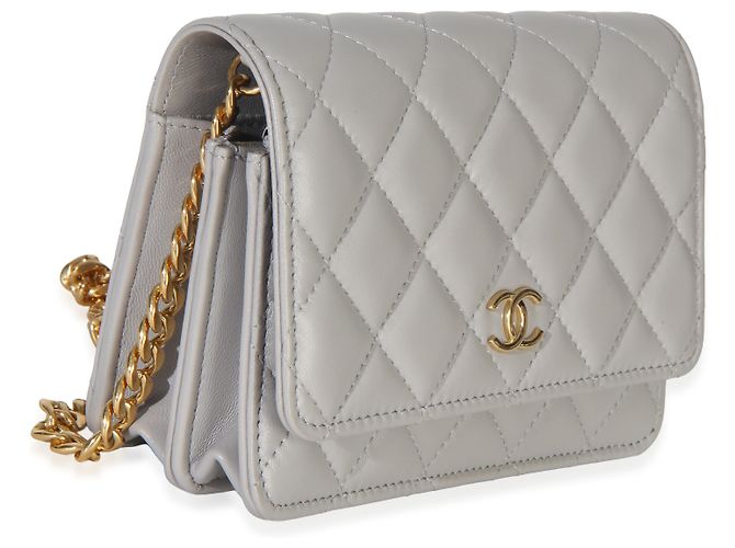 Chanel Mini Wallet On Chain aus grauem gestepptem Lammleder mit Schmucksteinen Braun - Ansicht 4