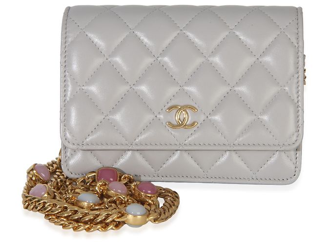 Chanel Mini Wallet On Chain aus grauem gestepptem Lammleder mit Schmucksteinen Braun - Ansicht 8