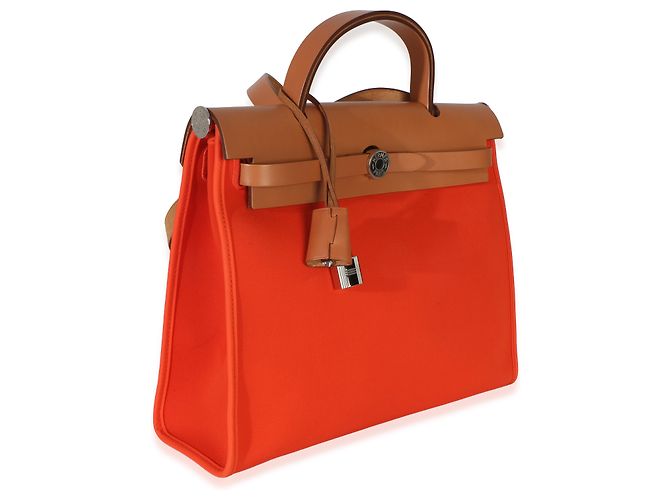 Hermès Orange Poppy Toile Vache Hunter Herbag Zip 31 PM PHW Arancione - vista 4